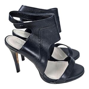 Pour La Victoire Black Pebbled Leather Ankle Strap Heels 9.5 Career Stiletto